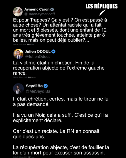 Pour le député d'extrême droite @JulienOdoul : "fin de la récupération abjecte de l’extrême gauche rance" car Pengo Bossio Wangi tué vendredi par le terroriste Kevin T. "était un chrétien"

Réplique de Seydi Ba : Il était chrétien, certes, mais le tireur ne lui a pas demandé. 

Il a vu un Noir, cela a suffi. C’est ce qu’il a explicitement déclaré. 

Car c’est un raciste. Le RN en connaît quelques-uns. 

La récupération abjecte, c'est de fouiller la foi d'un mort pour excuser son assassin.